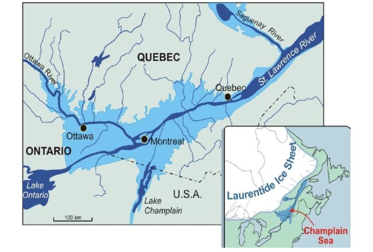 The ancient Champlain Sea, which very briefly extended all the way to the confluence of Lake Ontario and the St. Lawrence